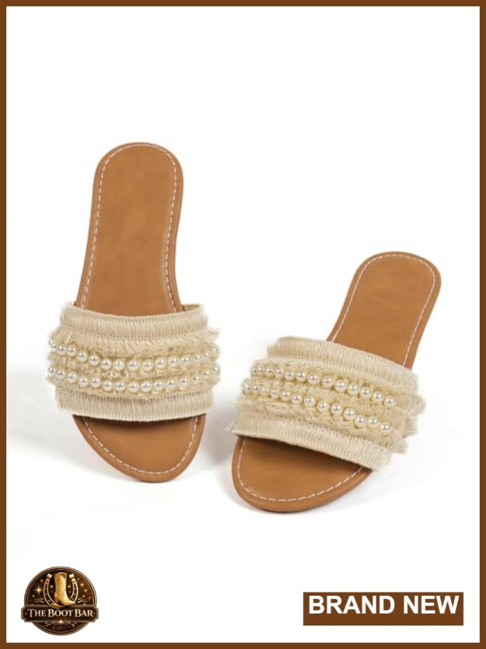 Flat Sandals for Women, Open Toe Slip-On with Pearl Chain, Casual Beach Sandals